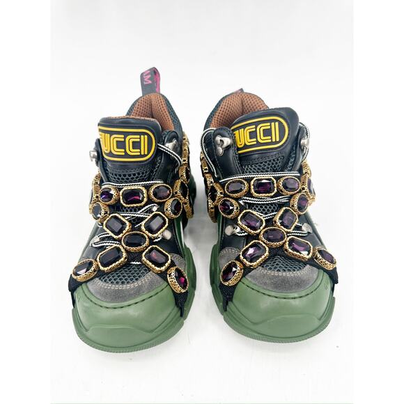 Gucci Flashtrek Chunky Green Gray Leather Crystal Embellished Sneakers Size 36.5 - Picture 8 of 9